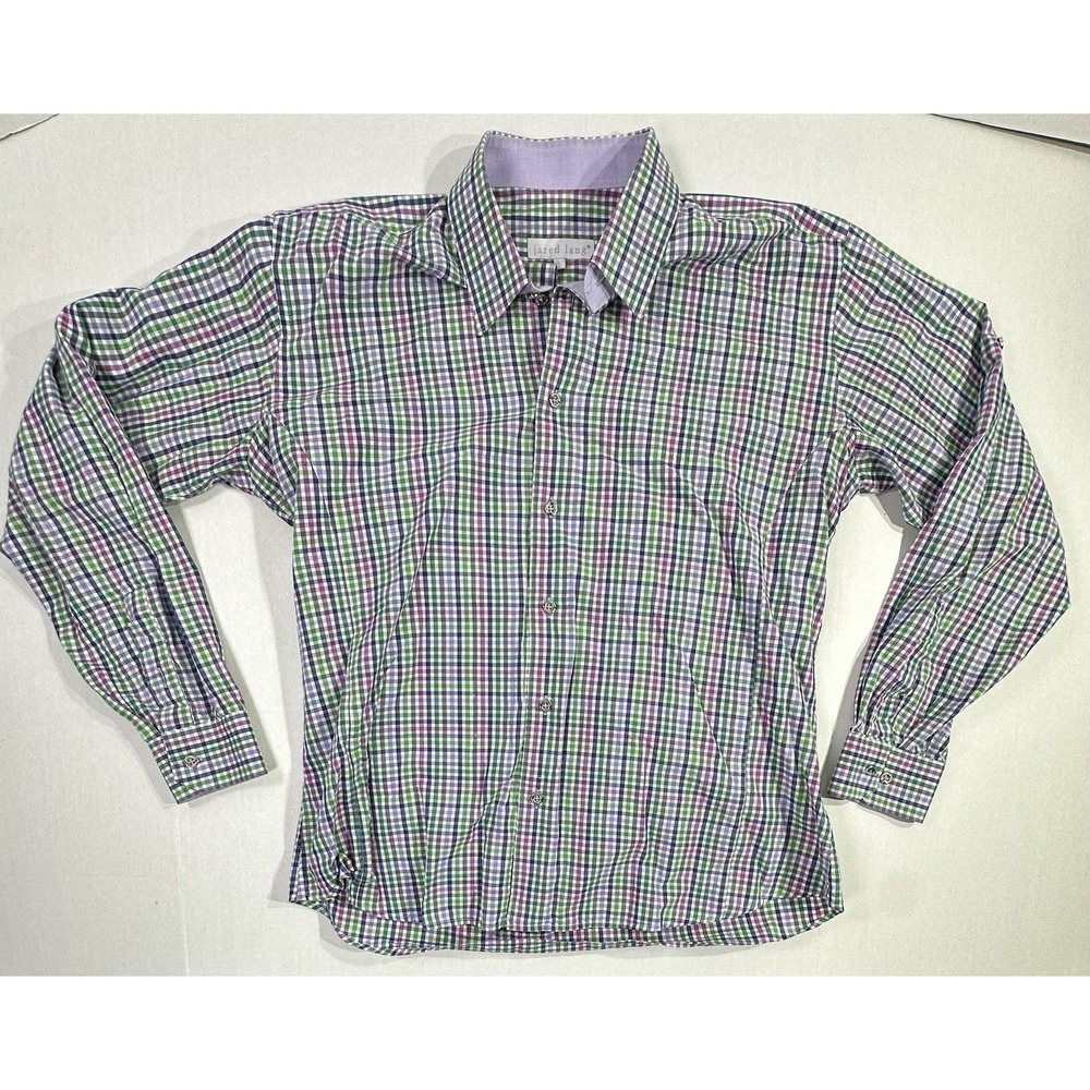 Jared Lang Dress Shirt L Check Plaid Multicolor Green Purple Blue Long Sleeve